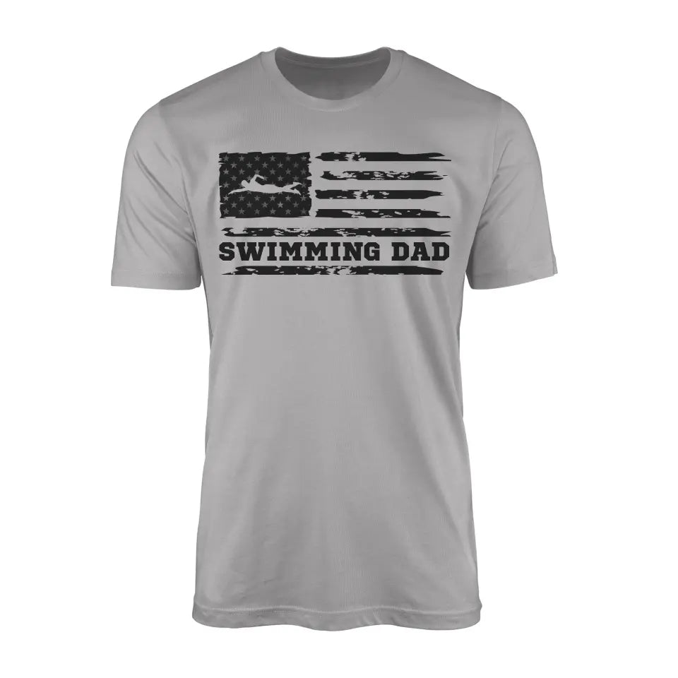 swimming dad horizontal flag on a mens t-shirt with a black graphic