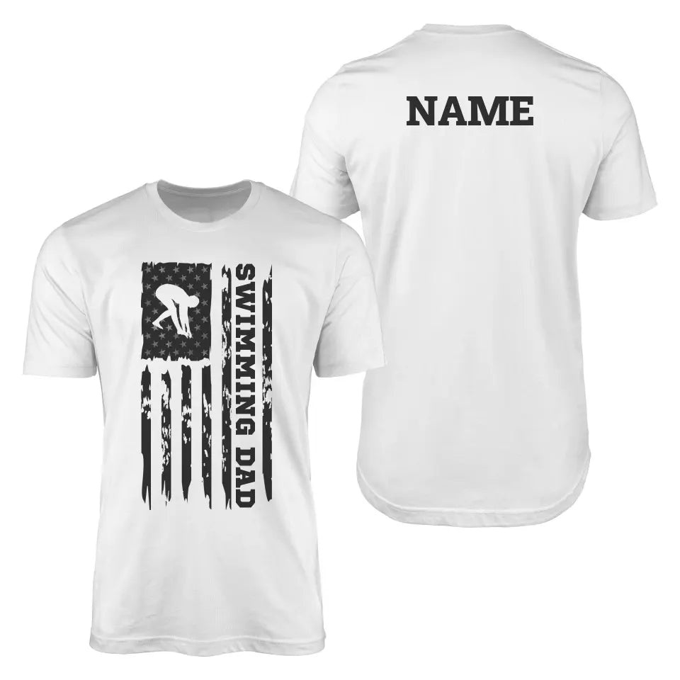 swimming dad vertical flag with swimmer name on a mens t-shirt with a black graphic