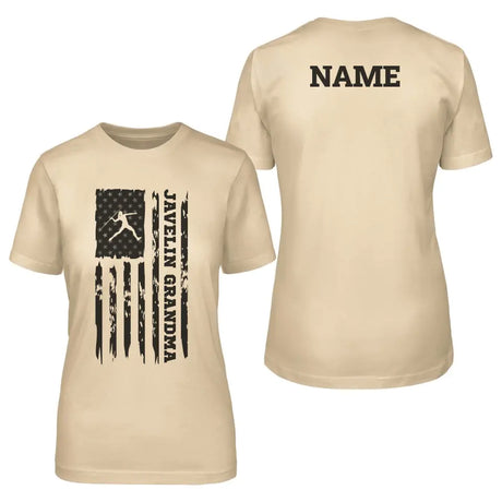 javelin grandma vertical flag with javelin thrower name on a unisex t-shirt with a black graphic