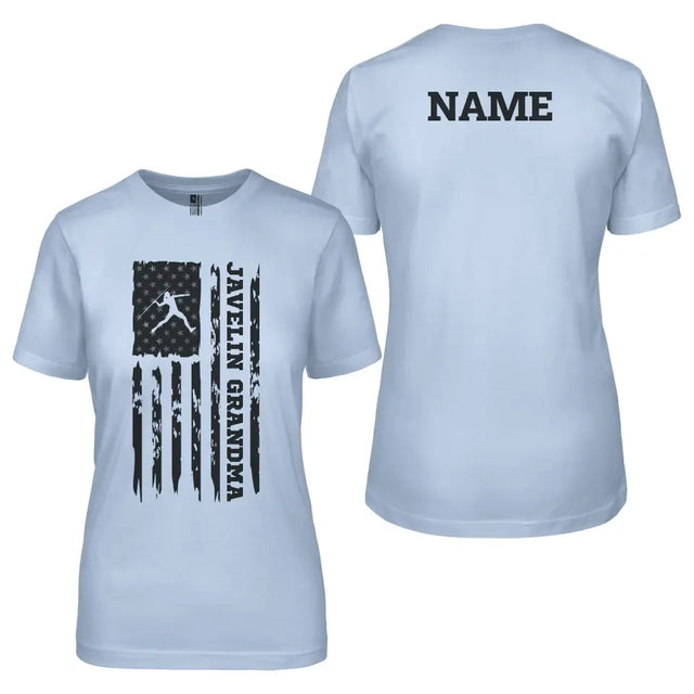 javelin grandma vertical flag with javelin thrower name on a unisex t-shirt with a black graphic