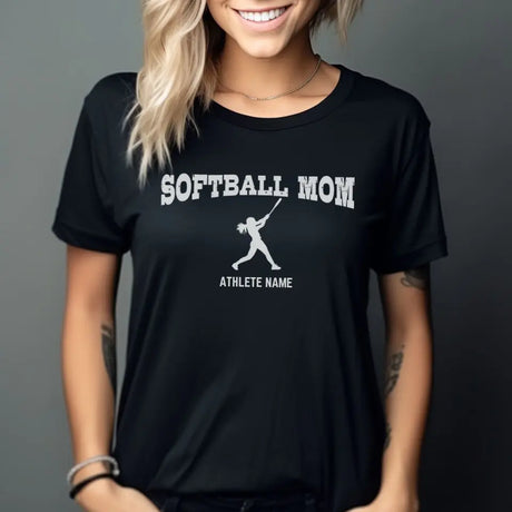 softball mom with softball player icon and softball player name on a unisex t-shirt with a white graphic