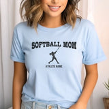 softball mom with softball player icon and softball player name on a unisex t-shirt with a black graphic