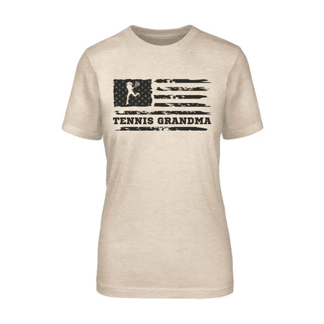 tennis grandma horizontal flag on a unisex t-shirt with a black graphic