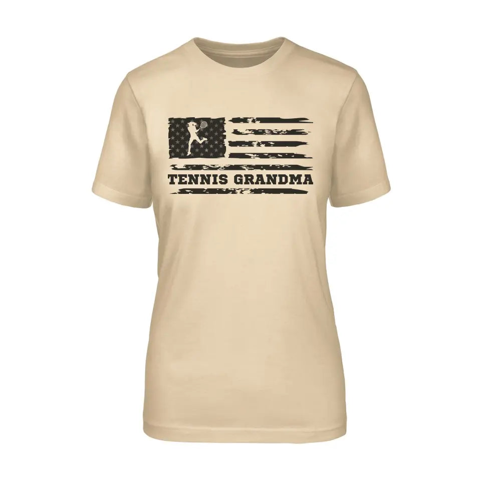 tennis grandma horizontal flag on a unisex t-shirt with a black graphic