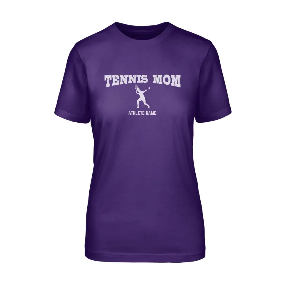 tennis mom with tennis player icon and tennis player name on a unisex t-shirt with a white graphic