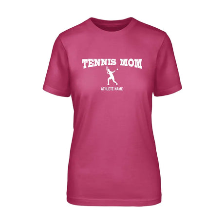 tennis mom with tennis player icon and tennis player name on a unisex t-shirt with a white graphic