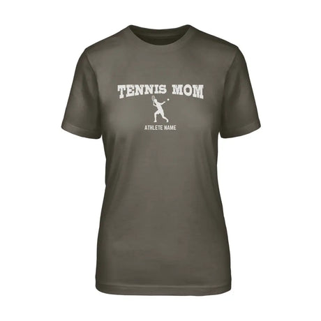 tennis mom with tennis player icon and tennis player name on a unisex t-shirt with a white graphic