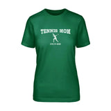 tennis mom with tennis player icon and tennis player name on a unisex t-shirt with a white graphic