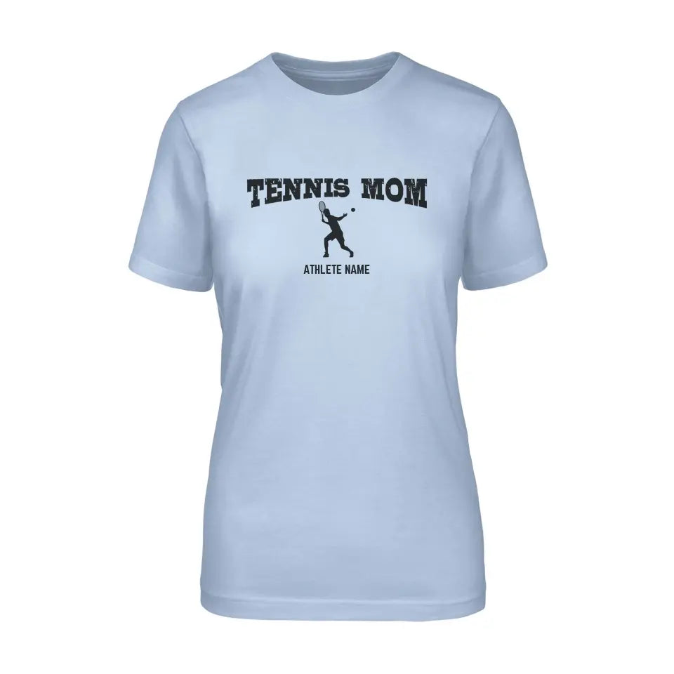 tennis mom with tennis player icon and tennis player name on a unisex t-shirt with a black graphic