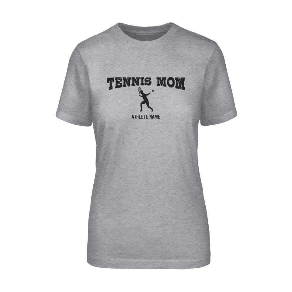 tennis mom with tennis player icon and tennis player name on a unisex t-shirt with a black graphic