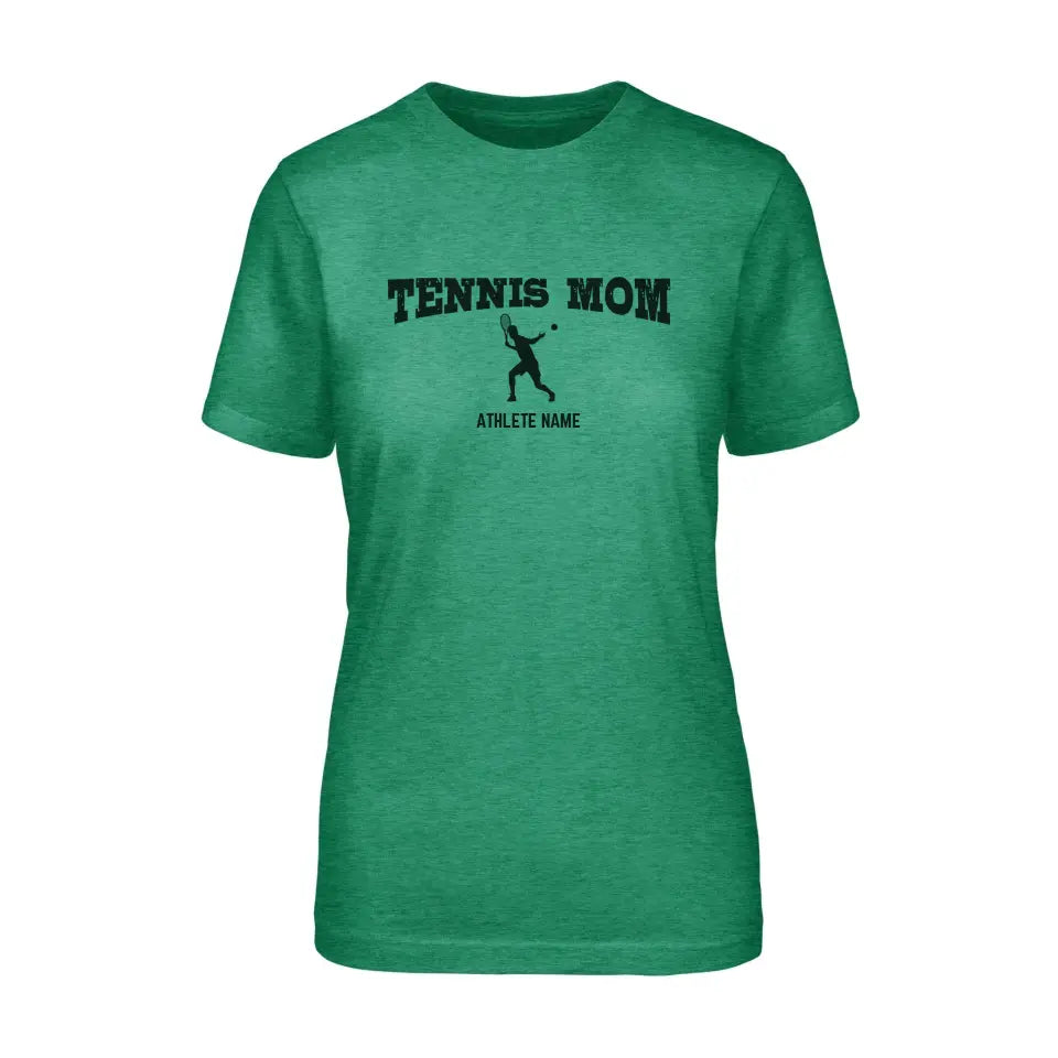 tennis mom with tennis player icon and tennis player name on a unisex t-shirt with a black graphic