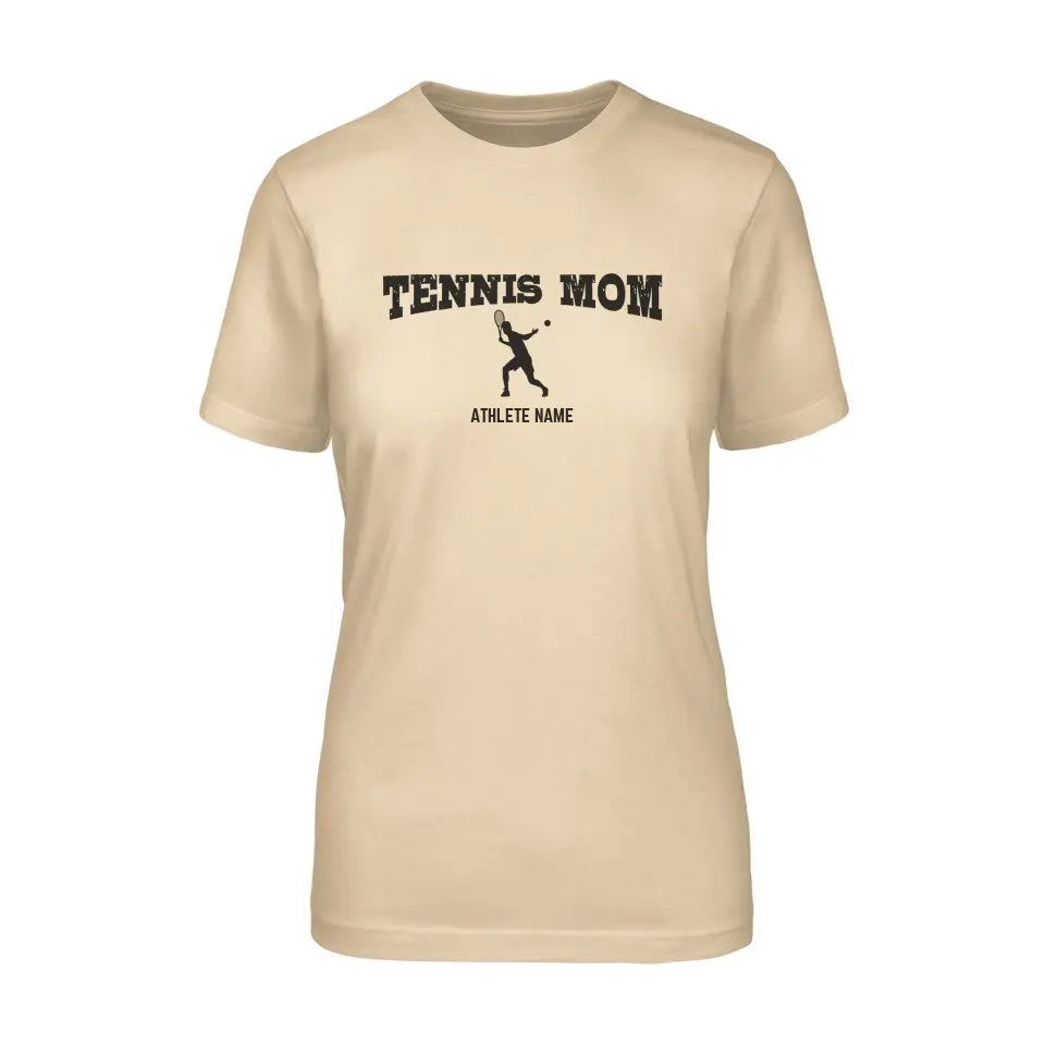 tennis mom with tennis player icon and tennis player name on a unisex t-shirt with a black graphic