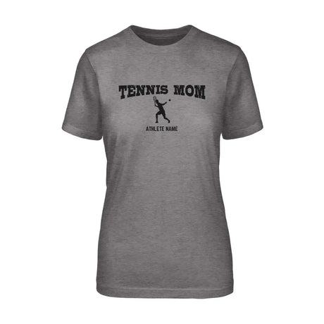 tennis mom with tennis player icon and tennis player name on a unisex t-shirt with a black graphic