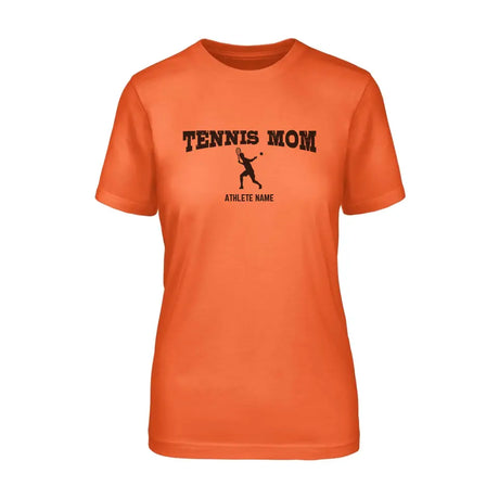 tennis mom with tennis player icon and tennis player name on a unisex t-shirt with a black graphic