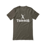 basic tennis with tennis player icon on a unisex t-shirt with a white graphic