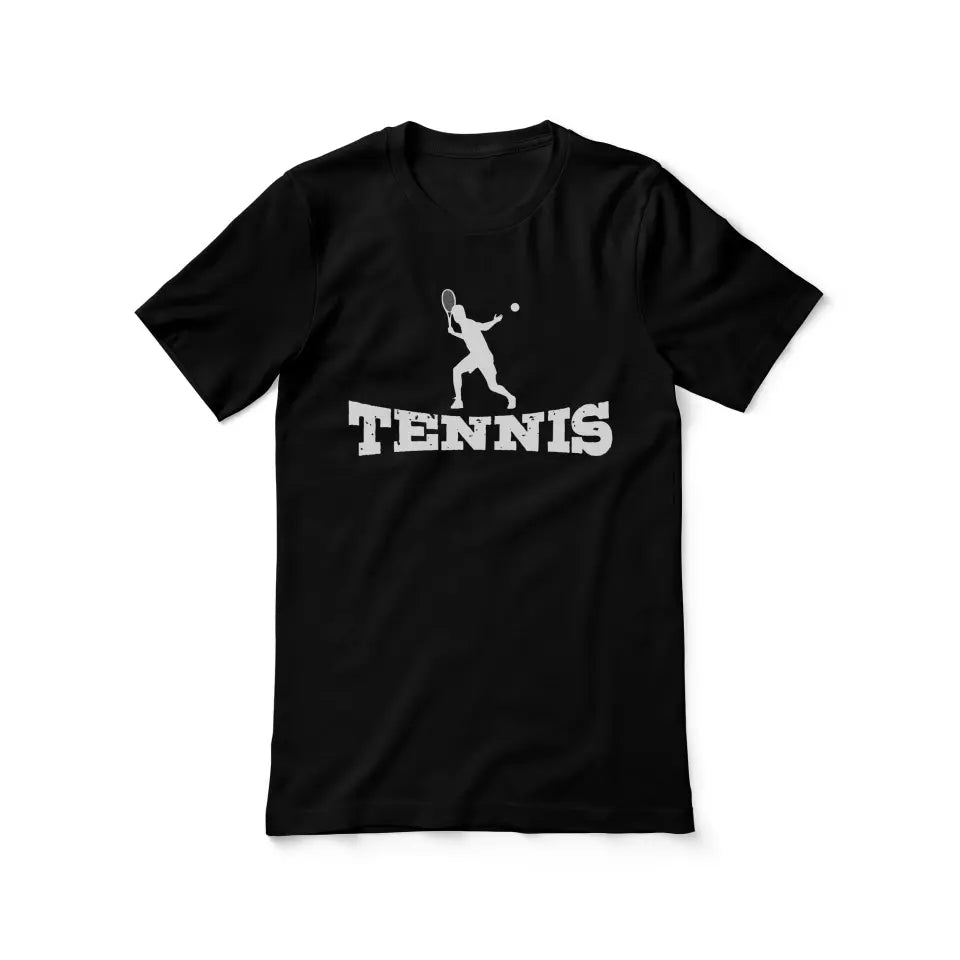 basic tennis with tennis player icon on a unisex t-shirt with a white graphic