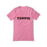 custom tennis mascot and tennis player name on a unisex t-shirt with a black graphic