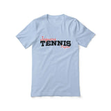 custom tennis mascot and tennis player name on a unisex t-shirt with a black graphic