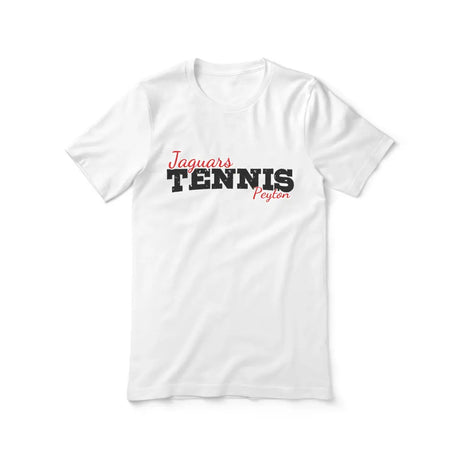 custom tennis mascot and tennis player name on a unisex t-shirt with a black graphic