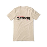 custom tennis mascot and tennis player name on a unisex t-shirt with a black graphic