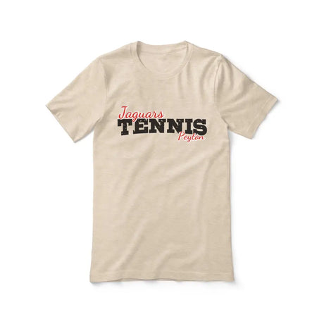 custom tennis mascot and tennis player name on a unisex t-shirt with a black graphic