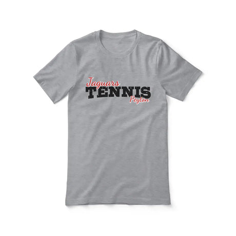 custom tennis mascot and tennis player name on a unisex t-shirt with a black graphic