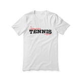 custom tennis mascot and tennis player name on a unisex t-shirt with a black graphic