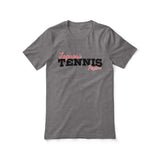 custom tennis mascot and tennis player name on a unisex t-shirt with a black graphic