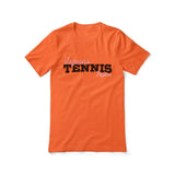 custom tennis mascot and tennis player name on a unisex t-shirt with a black graphic