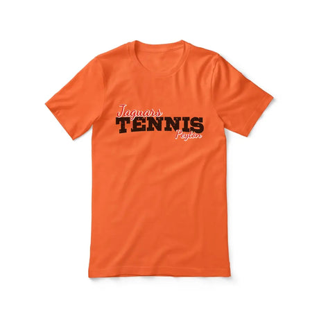 custom tennis mascot and tennis player name on a unisex t-shirt with a black graphic