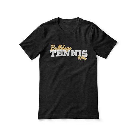 custom tennis mascot and tennis player name on a unisex t-shirt with a white graphic