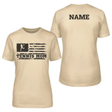 tennis mom horizontal flag with tennis player name on a unisex t-shirt with a black graphic