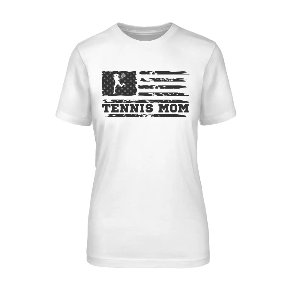 tennis mom horizontal flag on a unisex t-shirt with a black graphic