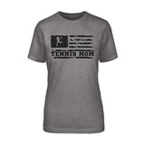 tennis mom horizontal flag on a unisex t-shirt with a black graphic