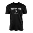 tennis dad with tennis player icon and tennis player name on a mens t-shirt with a white graphic