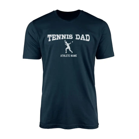 tennis dad with tennis player icon and tennis player name on a mens t-shirt with a white graphic