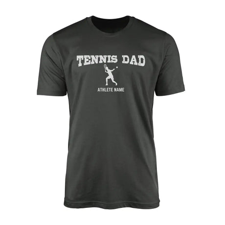 tennis dad with tennis player icon and tennis player name on a mens t-shirt with a white graphic