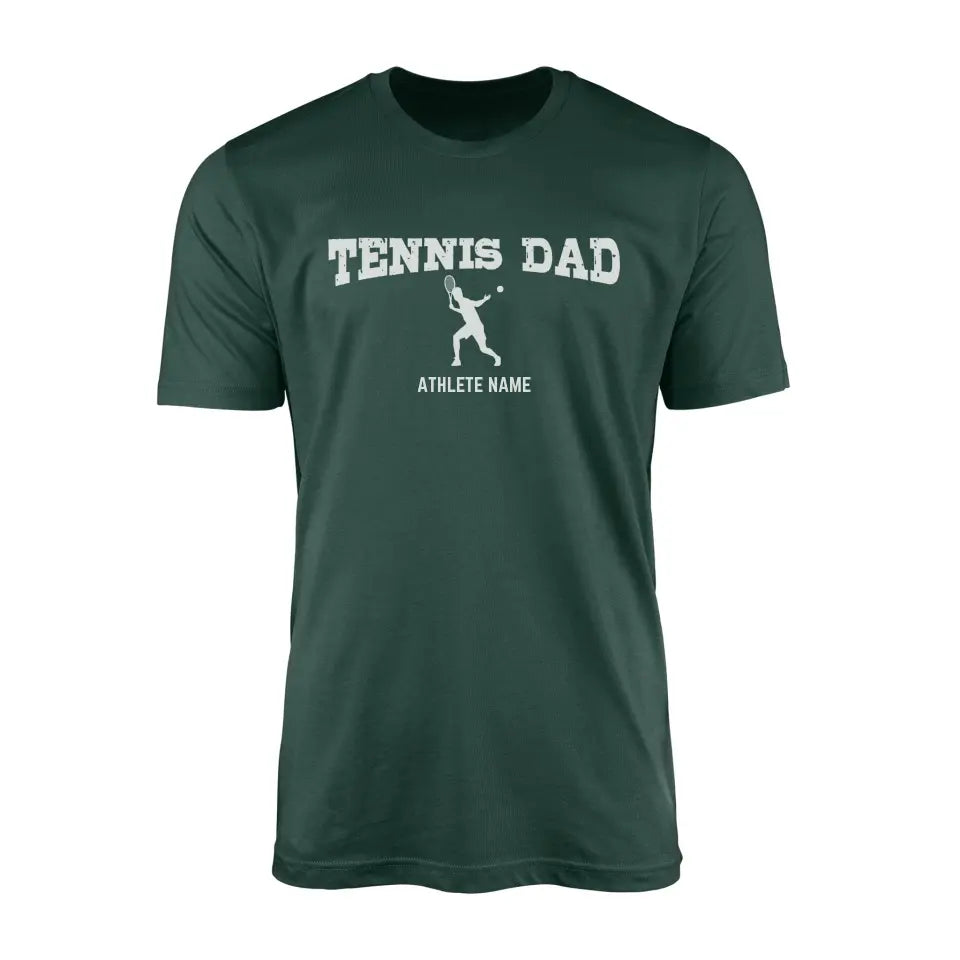 tennis dad with tennis player icon and tennis player name on a mens t-shirt with a white graphic