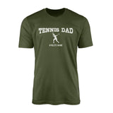 tennis dad with tennis player icon and tennis player name on a mens t-shirt with a white graphic