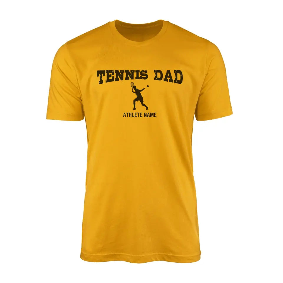 tennis dad with tennis player icon and tennis player name on a mens t-shirt with a black graphic