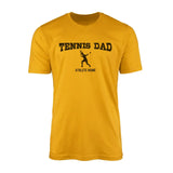 tennis dad with tennis player icon and tennis player name on a mens t-shirt with a black graphic