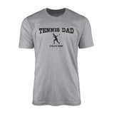 tennis dad with tennis player icon and tennis player name on a mens t-shirt with a black graphic