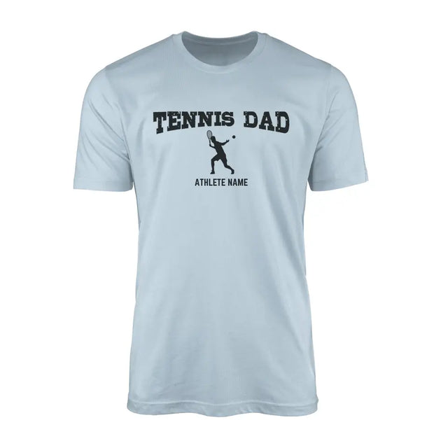 tennis dad with tennis player icon and tennis player name on a mens t-shirt with a black graphic