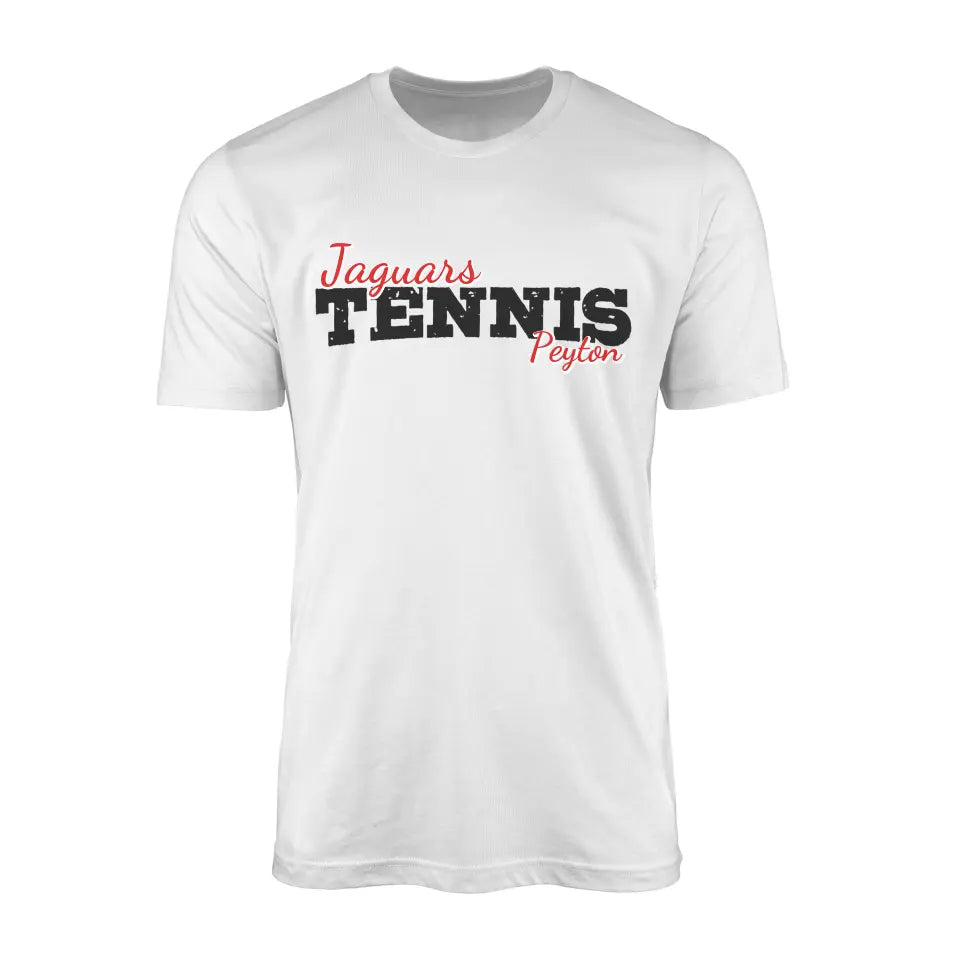 custom tennis mascot and tennis player name on a mens t-shirt with a black graphic