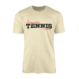 custom tennis mascot and tennis player name on a mens t-shirt with a black graphic