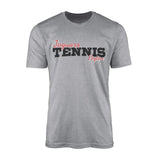 custom tennis mascot and tennis player name on a mens t-shirt with a black graphic