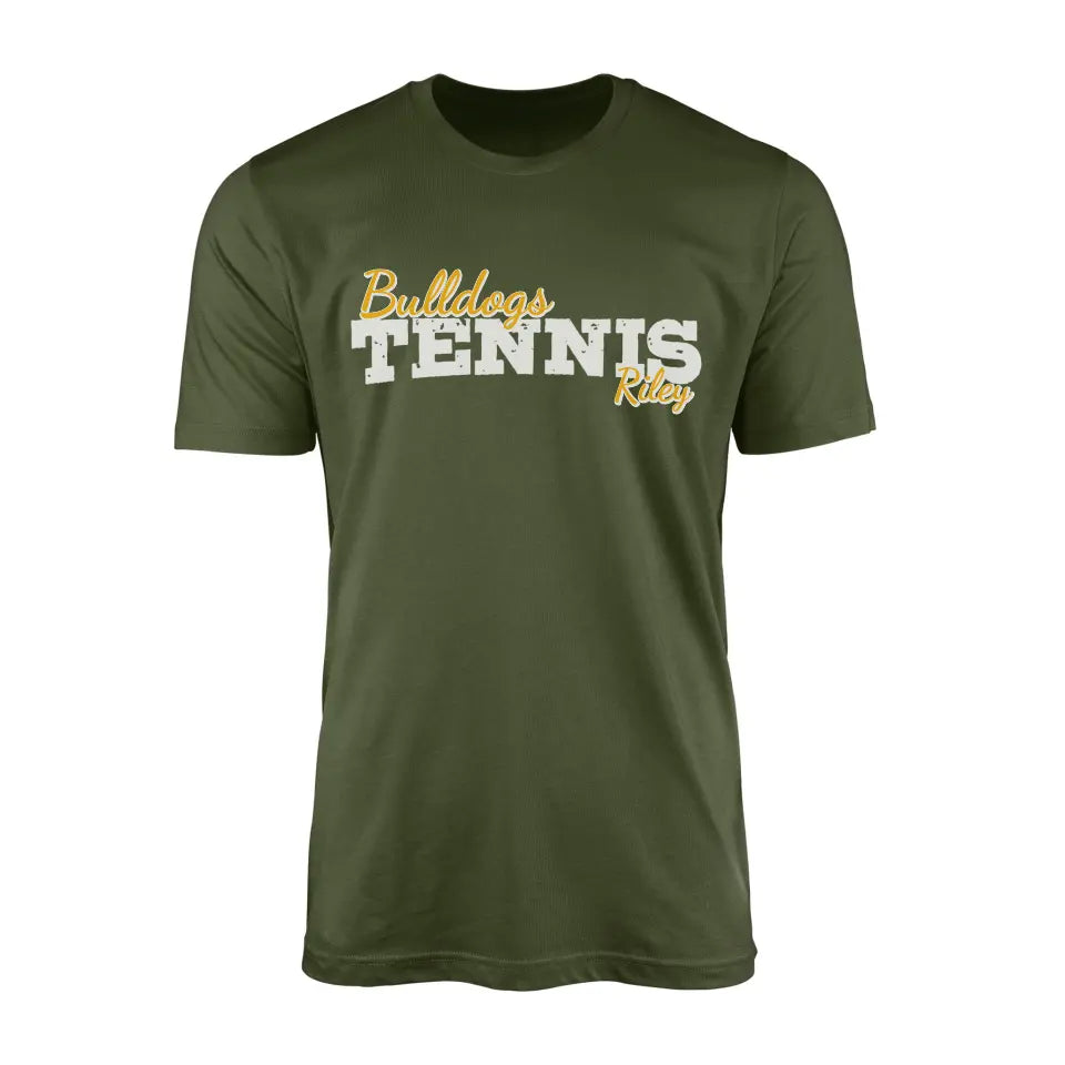 custom tennis mascot and tennis player name on a mens t-shirt with a white graphic