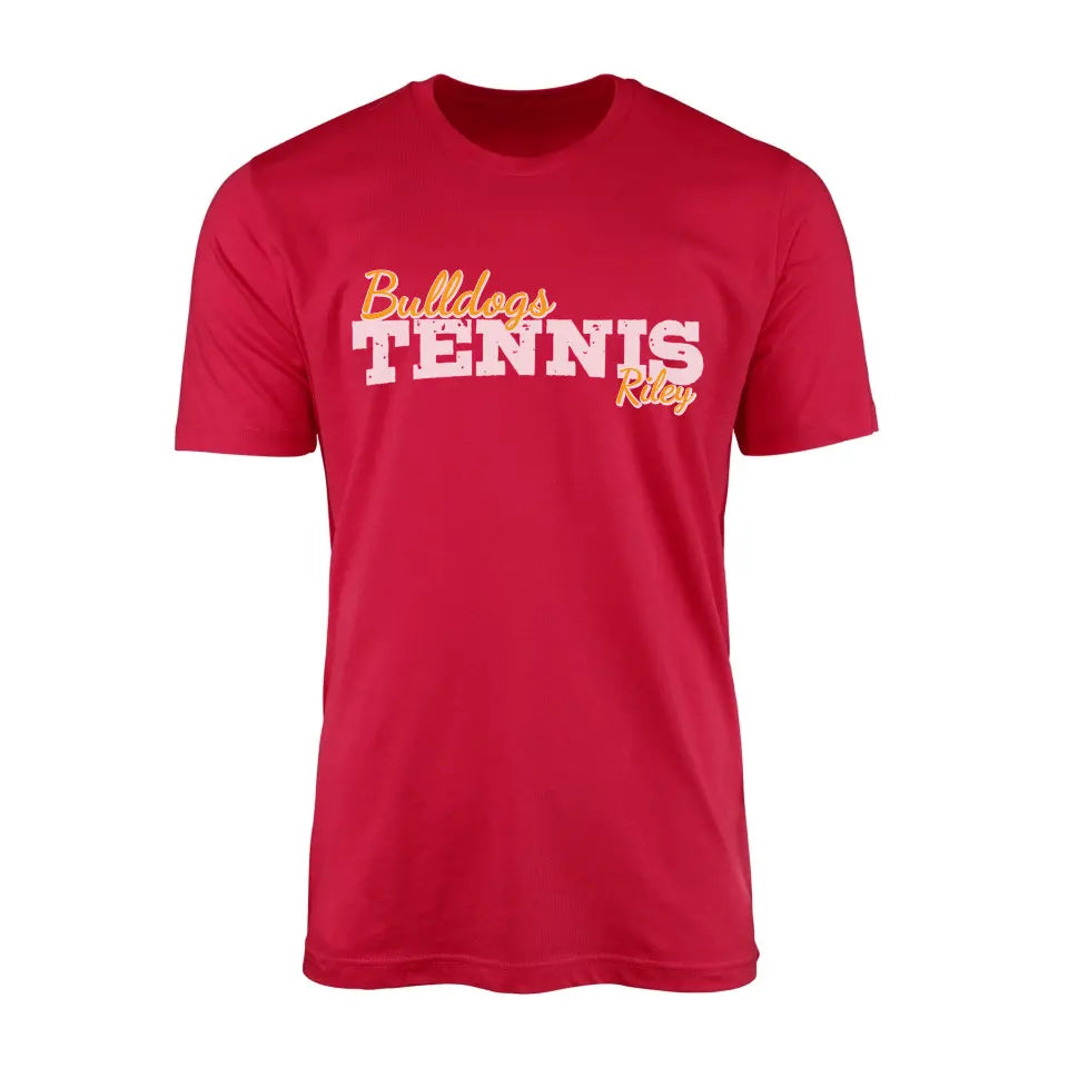 custom tennis mascot and tennis player name on a mens t-shirt with a white graphic