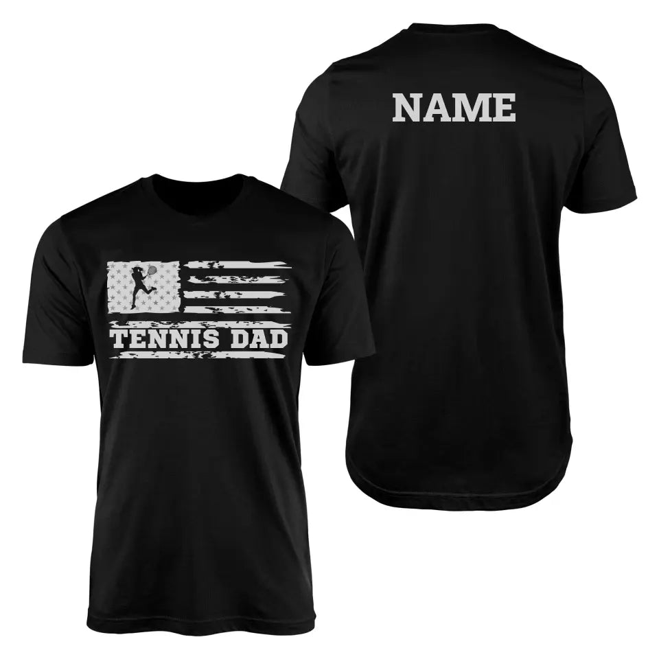 tennis dad horizontal flag with tennis player name on a mens t-shirt with a white graphic