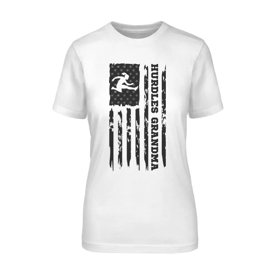 hurdles grandma vertical flag on a unisex t-shirt with a black graphic